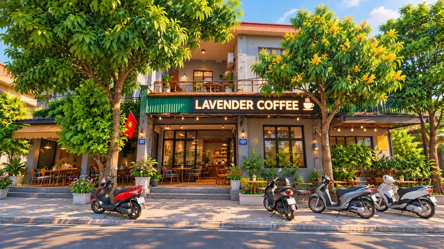 Mặt tiền quán Lavender Coffee trên phố Phùng Chí Kiên